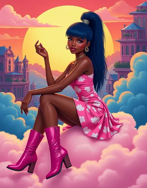 IMG_2985.CR2: Create an ultra-detailed illustration of a chic, trendy African American woman embodying 1970s fashion. She has dark skin, a beautiful afro, and striking blue hair styled in a long ponytail with bangs. Her makeup is expertly applied, accentua...