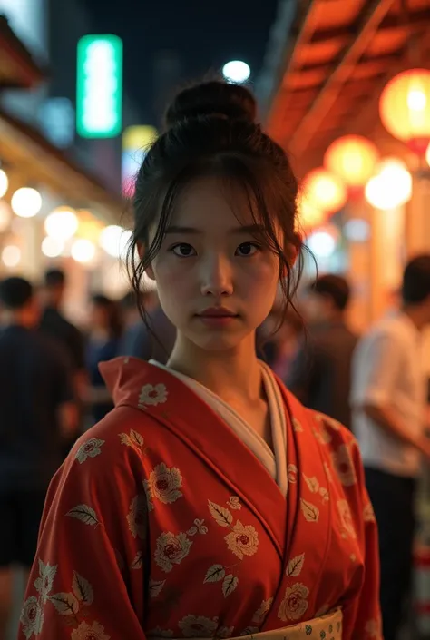 ((best quality)), (detailed), 1girl,
documentary photo, realistic, dramatic scene, very beautiful Japanese girl,Slender、Wearing a yukata、Bun Head、 Autumn Festival stalls are on the left and right, which are crowded with lots of customers 、 the lights of th...