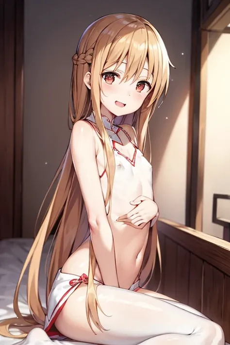 ((Best Quality)), ((masterpiece)), (be familiar with),  perfect face, indoor, bedroom, Watching the audience,
One woman, Yuuki Asuna,
Open Mouth, Ecstatic expression, blush, smile,
Small breasts,  flat chest, , , child, Girl,
Long Hair, Long Hair,
Leg spre...