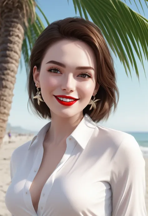 solo, full body,earrings, eyelashes, pantyhose,, (beach,(palm tree),crowd,(white shirt), floral print,red lips),sexy evocative s...