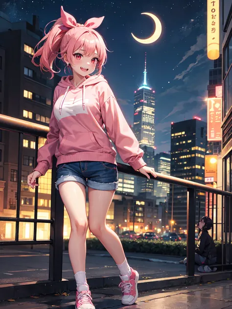 1girl , pink hair , ponytail , pink hoodie , full body , pink sneakers , white socks , denim shorts , red eyes, Hair Ribbon, snaggletooth, Backlight, Eyebrow cut, big breasts, Crescent moon earrings, Red face,Open your mouth slightly, snaggletooth,  Eyes w...