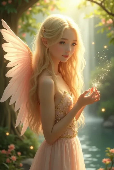 Depict a female angel with long golden hair and sea-green eyes, surrounded by an aura of grace and light magic. Her wings, soft pink at the base, gracefully spread, and the airy dress she wears is decorated with golden patterns. In her hands she holds a ha...