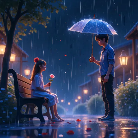 sit the girl on the bench with the rose color in her hands ,  it's raining a guy with an umbrella approaches her, in one hand an...