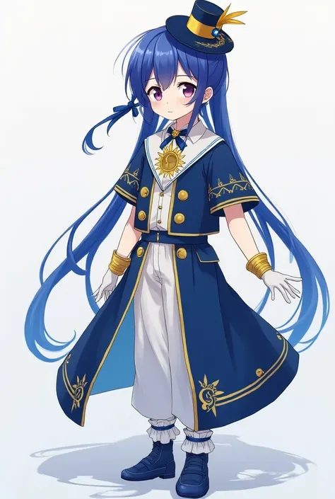  A quiet anime young man in high school with sharp purple eyes has long indigo hair attached to the top with a blue ribbon , With light skin and wearing all the fancy blue, yellow and white clothes, Idols luxury consists of a long waist jacket with short s...