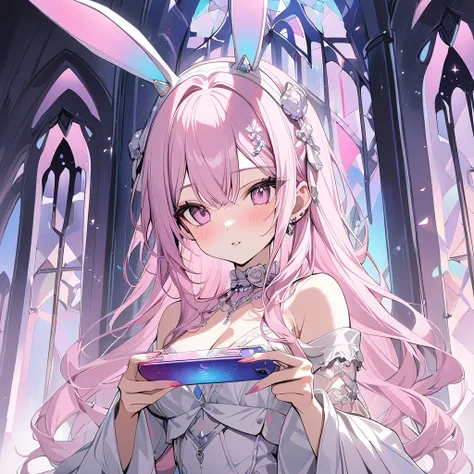 ,girls is playing mobile game々）vtuber, sexy innocent beauty, rose shaped choker, (masterpiece, highest quality), official art, beautiful and aesthetic: 1.2), (1 girl), very detailed, (silver pink art: 1.3), silver colorful, pink long hair、 bunny ears, half...