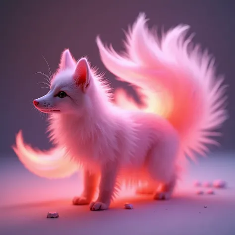 generate a master photograph describing 

a pink fox with nine tails, a mystical and enchanting creature. Its fur is soft and fluffy, with a vibrant pink color that glows subtly under the light. Each of its nine elegant tails moves gracefully, fanning out ...