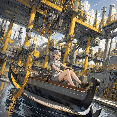 One girl, gray hair, yellow eyes, gray work clothes, factory, detailed depiction of machinery, girl riding a gondola, attractive angle,