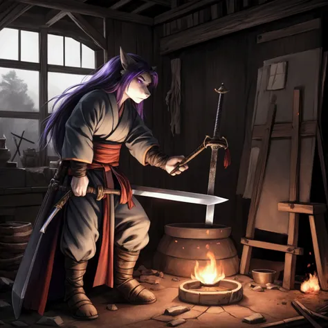 Dark and gloomy atmosphere,Medieval Japan,A blacksmith hammers a sword in his underground workshop,The blacksmith has long hair and wears tattered work clothes.,Concentrated,The sword emits a cursed dark purple light.,The red flames flicker