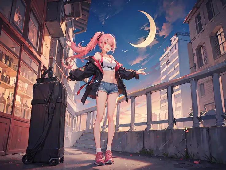 1girl , pink hair , ponytail , pink hoodie , full body , pink sneakers , white socks , denim shorts , red eyes, Hair Ribbon, snaggletooth, Backlight, Eyebrow cut, big breasts, Crescent moon earrings, Red face,Open your mouth slightly, snaggletooth,  Eyes w...