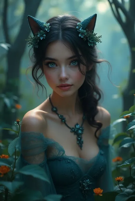 A beautiful woman with large blue eyes and a cat-like face, detailed facial features, long eyelashes, soft skin, elegant expression, romantic pose, fantasy forest background, magical light effects, vibrant colors, cinematic lighting, intricate details, dig...