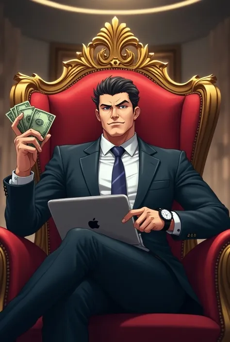 Entj business man smart watch in left hand dollar in right hand sitting on throne and desk working on apple laptop talking with iphone anime version