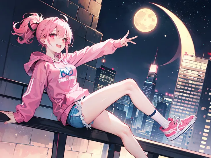 1girl , pink hair , ponytail , pink hoodie , full body , pink sneakers , white socks , denim shorts , red eyes, Hair Ribbon, snaggletooth, Backlight, Eyebrow cut, big breasts, Crescent moon earrings, Red face,Open your mouth slightly, snaggletooth,  Eyes w...