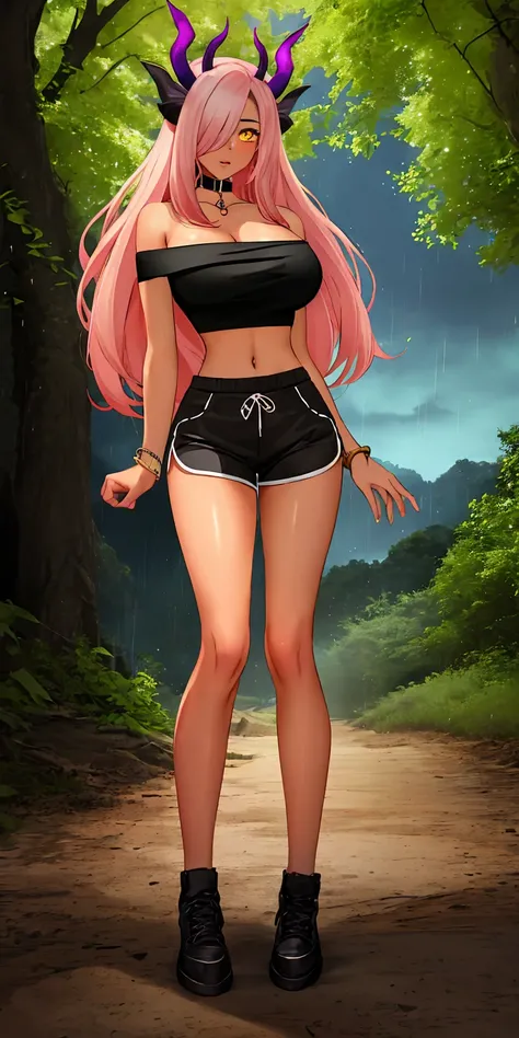 masterpiece, ultra high-quality, extremely detail 8k cg, high resolution, 1girl, mature female, trickywi, pink hair, horns, dark skin, hair over one eye, dark-skinned female, yellow eyes, navel, bare shoulders, cleavage, bare shoulders, jewelry, large brea...