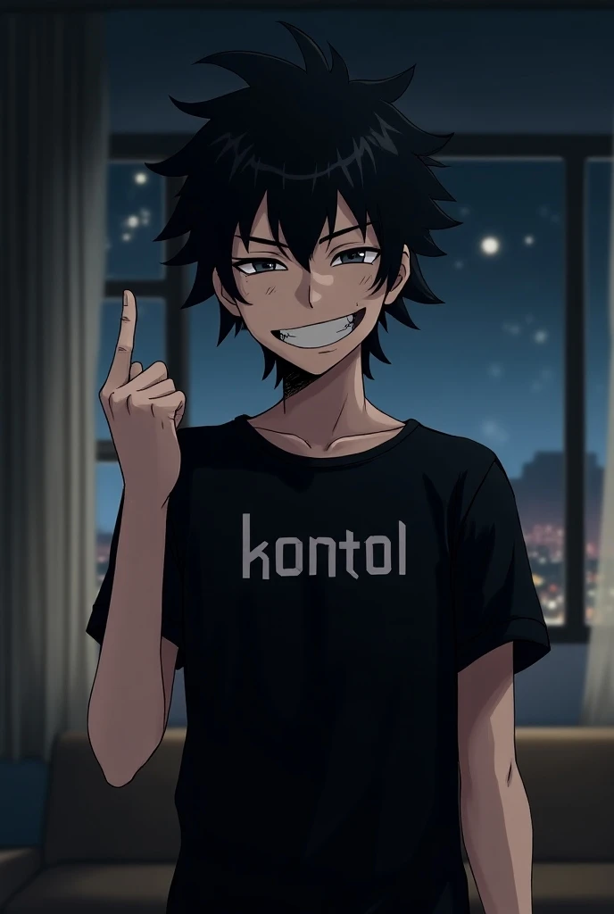 anime picture, a teenage boy with messy black hair, gray eyes smiling broadly and closing his cold eyes is standing in the living room while raising his middle finger with a view of the night from the window. The teenage boy is wearing a black t-shirt with...