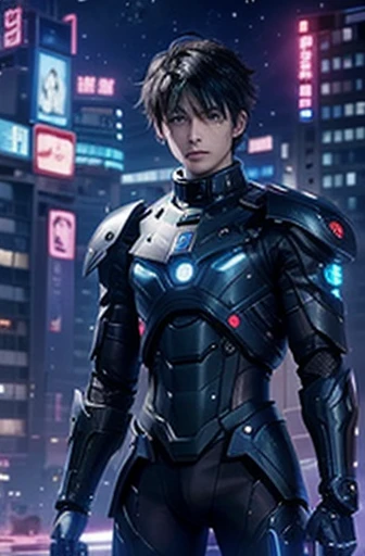  texture、Future City、  an anime boy in a futuristic costume with blue eyes and dark hair, Cyberpunk Anime Boy,  boy equipped with mecha cyber armor .