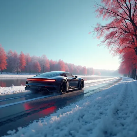 Side view of the car, a car driving on the autumn lake, the road is frosted, the distant leaves are also frosted, red leaves, rich details, realistic movie style, the sky is very blue