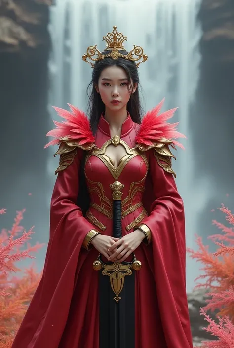  This image features a golden crowned Korean beautiful woman with an aura of leadership .  She is wearing red futuristic armor decorated with gold mechanical details and red feathers on the collar,  creates a strong and elegant impression . His face is cal...