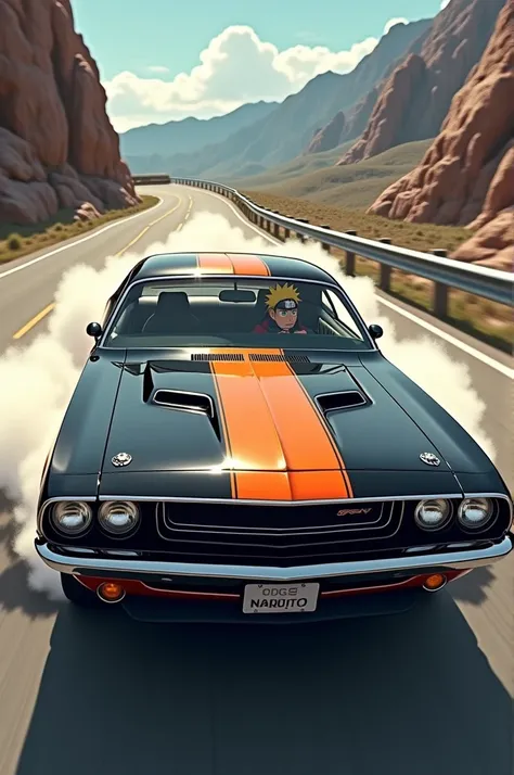 Naruto Uzumaki, Dodge Challenger 1970 black orange stripes, driving