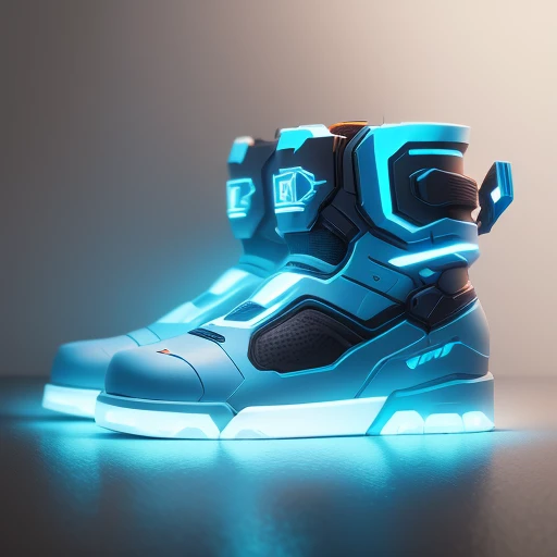 ((Best quality)), (((masterpiece))), dynamic lighting, Mechanical Boots, ((meny parts)), skyblue neon line, white color background, simple background,