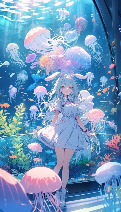 Best Quality,  cute girl , Pastel colors, Fluffy bunny ears,aquarium,Jellyfish