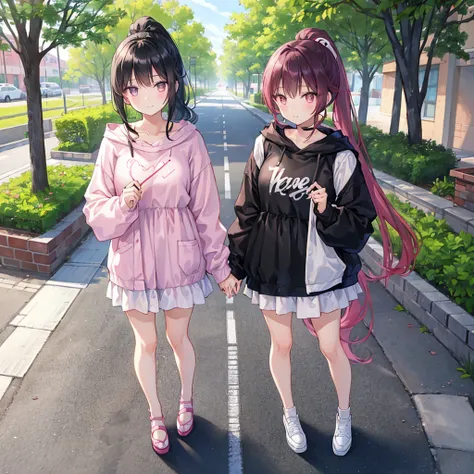  Two beautiful girls, one with black hair in a ponytail and the other with long pink hair, are holding love letters in both hands and asking for love.　ラブレターを両手で持ってお願いされている　Street tree-lined promenade 