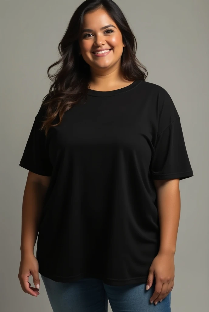 A beautiful woman, slightly chubby, smiling, standing in a black oversized t-shirt, her head looks to the right and looks to the right 