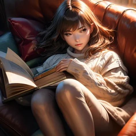 (((Masterpiece, ultra quality, hyper-detailed, realistic anime style, SDXL, 8K resolution, RTX, perfect pixel, depth of field, cinematic lighting, dynamic shadows, high contrast, highly detailed textures))), 1 woman laying comfortably on a plush couch, rea...