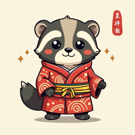 full body display、Japanese Yokai, badger, cute, wearing Japanese clothing, cartoon.