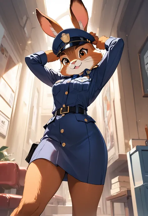 (masterpiece, best quality,ultra highres),anthro rabbit,A rabbit dressed as a police officer. She looks like Judy from "Zootopia".cute,pose,dynamic angle,