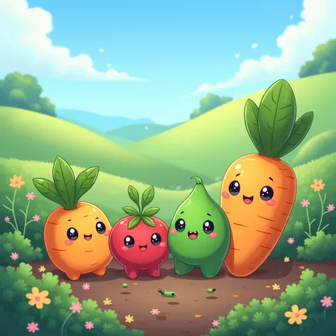 Cute  growing vegetables in anime style 