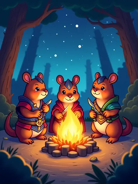 IMG_2384.CR2: Create a vibrant campfire scene featuring a group of capybara heroes as they gather around the warm glow of a campfire, sharing stories and gearing up for their next adventure. Each capybara should represent a different class: a fierce warrio...