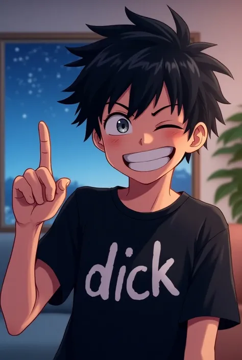 anime picture, a teenage boy with messy black hair, gray eyes smiling broadly and closing his cold eyes is standing in the living room while raising his middle finger with a view of the night from the window. The teenage boy is wearing a black t-shirt with...