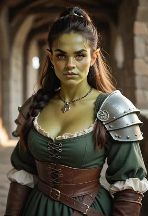 A pretty female ((orc)) warrior, medieval outfit, cute orc face