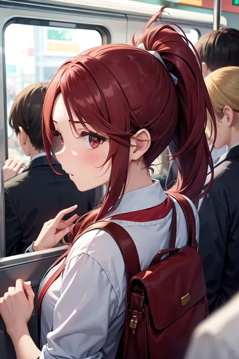  1 girl, ponytail,Crowded train,Red face,whole body