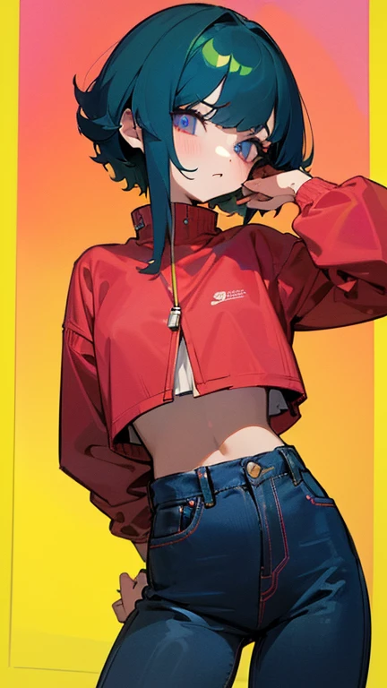 (masterpiece、 top quality )、 feminine girl、({{x}} Slap、Red)、(jacket、Ultramarine blue jumper )、 navy blue jeans pants,  Volkswagen Yellow 、 Police Wind 、very short hair, Pixie Haircut , Black hair,(Long green hair that shimmers in various shades depending o...