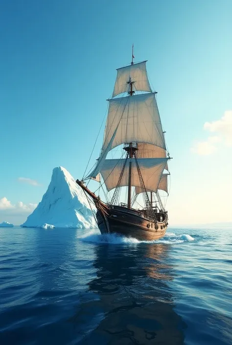 Old sailing boat photo sailing, on the high seas.  Blue sky and sunlight background. Fundo ice berg big.  Maximum quality 4k.
