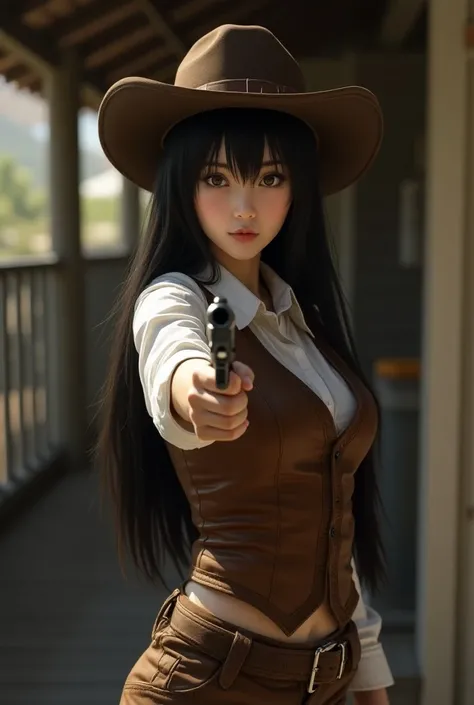 Japanese、18 years old、Age 18、beautiful girl、 cowboy hat 、 shortcut 、Long sideburns 、brown leather vest 、 white shirt、 shorts、 Long Boots 、 holds the muzzle of a handgun facing forward、