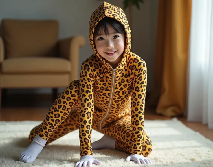 the most beautiful asian teenager girls wear golden,orange and brown leopard seamless pattern print with leopard spots lycra nylon turtleneck unitard catsuits with white zentai gloves and zentai socks.She always wear golden,orange and brown leopard seamles...