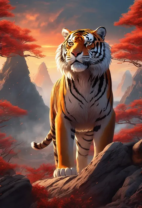 (One sticker), (One sticker), (Best quality, tmasterpiece, iintricate, hyperdetalization, 8k ultra-high resolution, ultra-high resolution, Extremely detailed unified CG wallpaper), Great Eastern Meridian of the wild, tiger, tiger in volcanic lava,rusty tig...