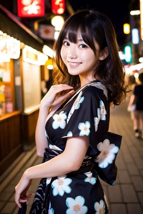  Japanese woman in her 20s　 black yukata　cute　Smile　 loose fluffy perm　Medium Breast　Neon city at night in Japan　Multiple poses
