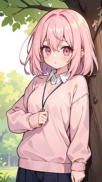 (( A girl with light pink hair and pink eyes)),(( Im wearing a white shirt )),(( Im wearing a pink jumper thats not in a tree )),bangs, hair between eyes ,나무에 않아있는