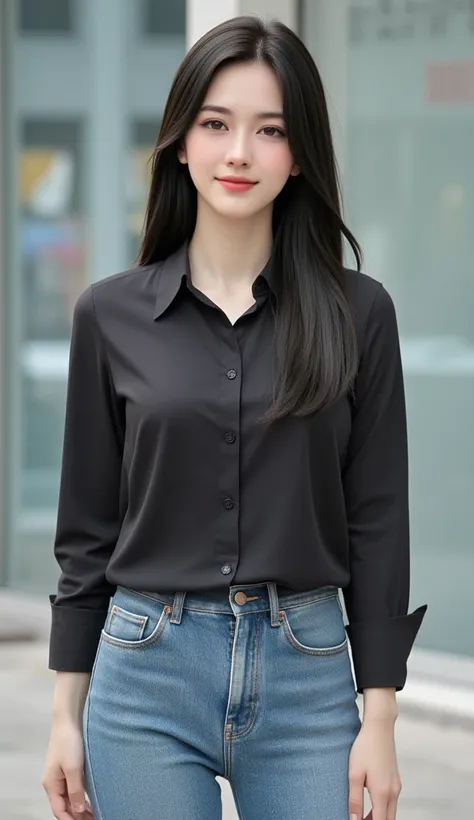 Portrait of a poised Korean woman in her late 20s, with long, elegant hair that exudes an air of grace and sophistication. Her warm smile radiates friendliness and approachability. She is dressed in a chic black chiffon blouse paired with jeans, a combinat...