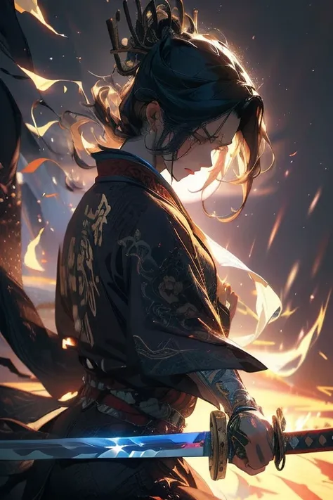 a samurai warrior with a blue glowing katana sword, intricate detailed armor, intense battle expression, striking a powerful pose, dramatic lighting, dark moody atmosphere, cinematic composition, digital art, highly detailed, concept art style