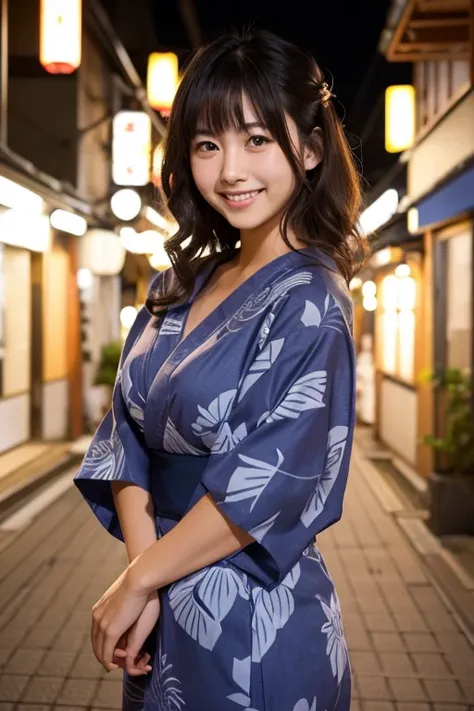  Japanese woman in her 20s　Navy blue yukata　cute　Smile　 loose fluffy perm　Medium Breast　Japans office district at night　Multiple poses