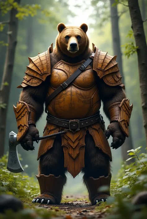 Think of a giant grizzly bear in maple wood armor. The bear warrior holds an ice axe, with a firm and calm posture, representing strength and resilience.