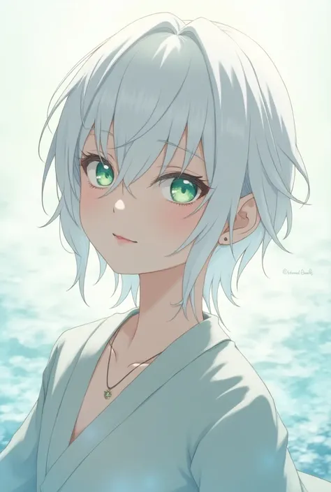 Anime character with white hair and light green eyes, confident smile. 