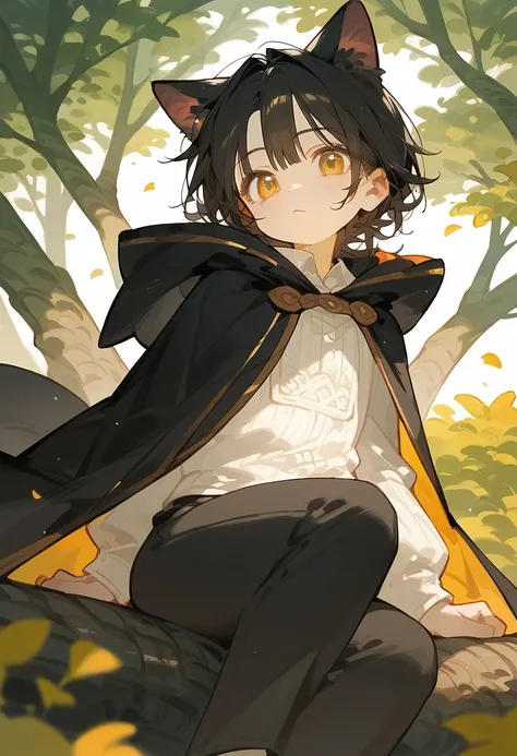 Gender unknown, golden eyes, wearing a white long-sleeved shirt and black long pants, with fluffy black hair and cat ears, sitting on a tree, wearing a long cloak, cute, (no human ears)