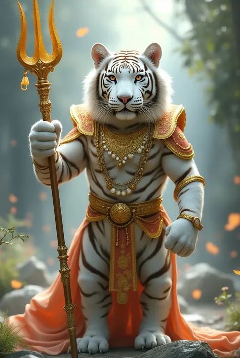 Think of a white tiger with colorful silk armor and jewels. He carries a golden trident, with a calm expression, representing spiritual strength and courage.