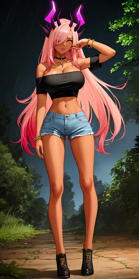 masterpiece, ultra high-quality, extremely detail 8k cg, high resolution, 1girl, mature female, trickywi, pink hair, horns, dark skin, hair over one eye, dark-skinned female, yellow eyes, navel, bare shoulders, cleavage, bare shoulders, jewelry, large brea...