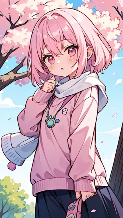 (( A girl with light pink hair and pink eyes)),(( Im wearing a white shirt )),(( Im wearing a pink wizard jumper thats not on a tree)),bangs, hair between eyes 